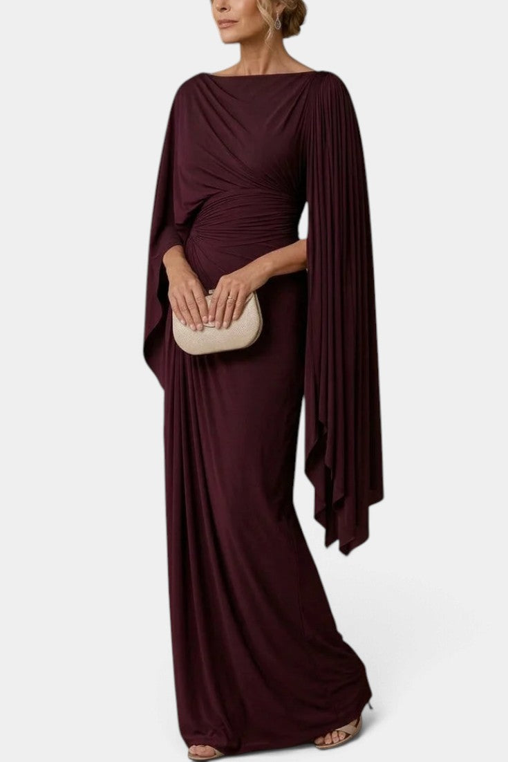 Lioree - Robe Longue Drapée à Manches Cape & Taille Froncée