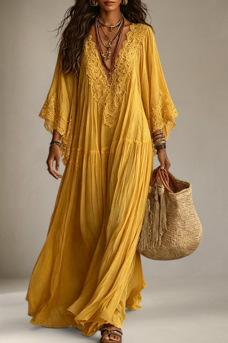 Indie - Robe Longue Col V en Dentelle Coupe Ample
