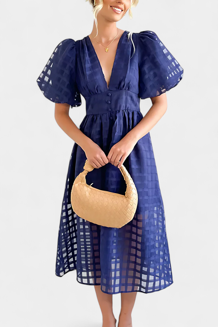 Marigold Robe Midi à Manches Bouffantes et Motif à Carreaux