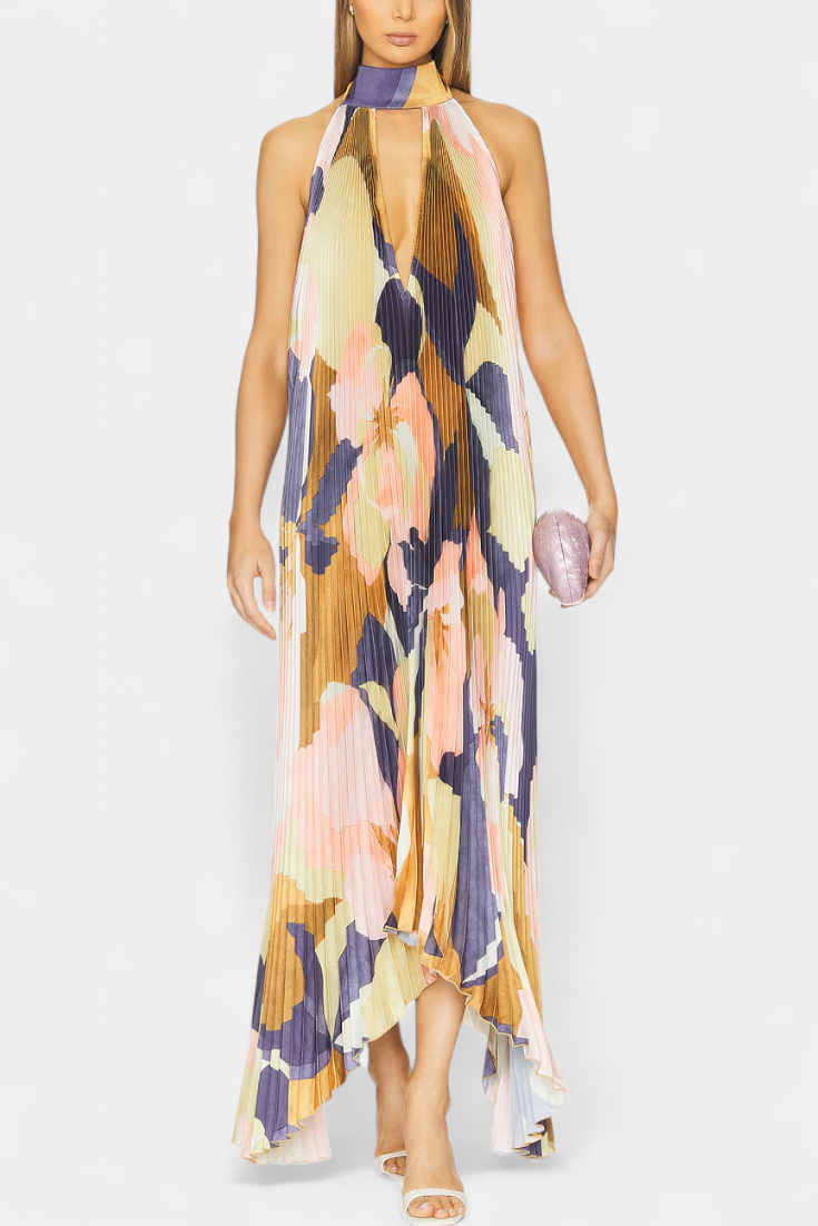 Giselle Robe Plissée à Décolleté Halter et Taille Cintrée