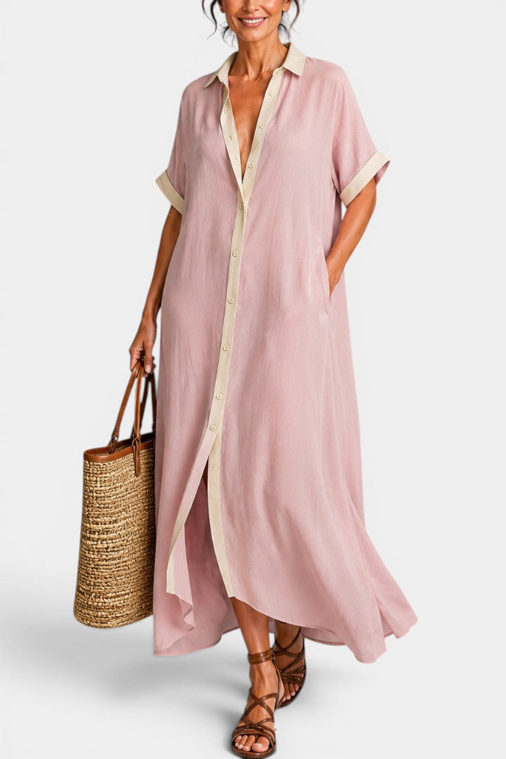 Kori - Robe Longue en Coton et Lin à Manches Courtes