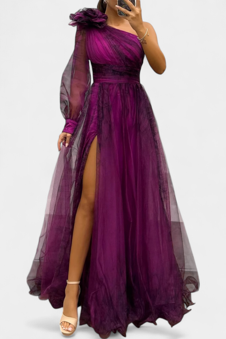 Becca Robe Longue Asymétrique en Chiffon à Fleur Structurée