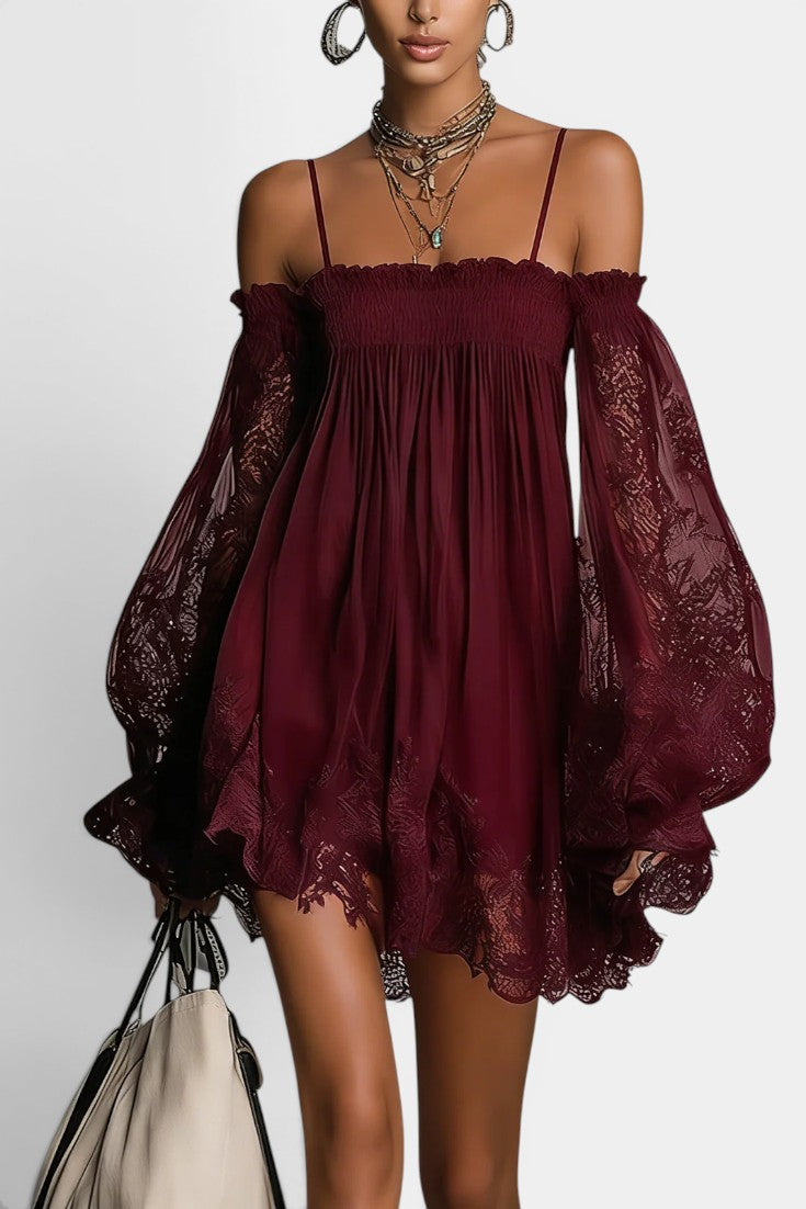Perrette Robe Mini Chiffon Épaules Dénudées Bustier Smocké & Manches Évêque Dentelle