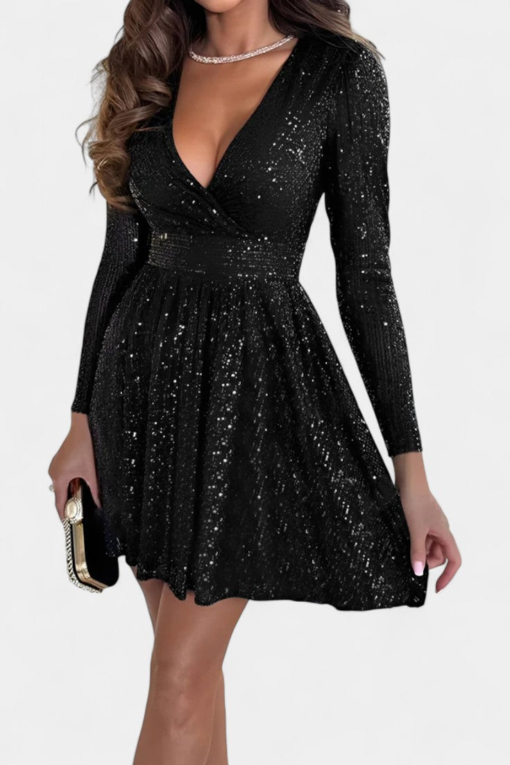 Thaïs Robe Longue à Paillettes avec Col V et Manches Longues