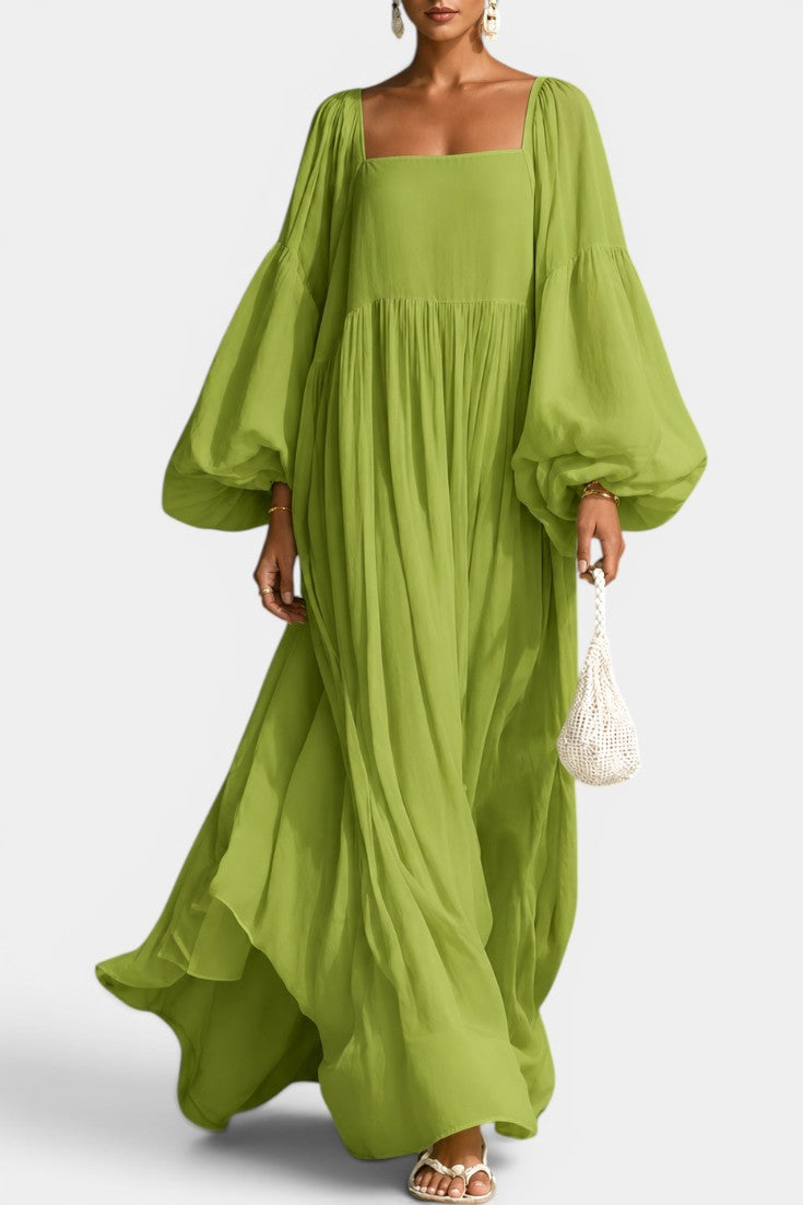 Lunaire - Robe Longue Volumineuse Encolure Carrée Manches Bouffantes Maxi Fluide