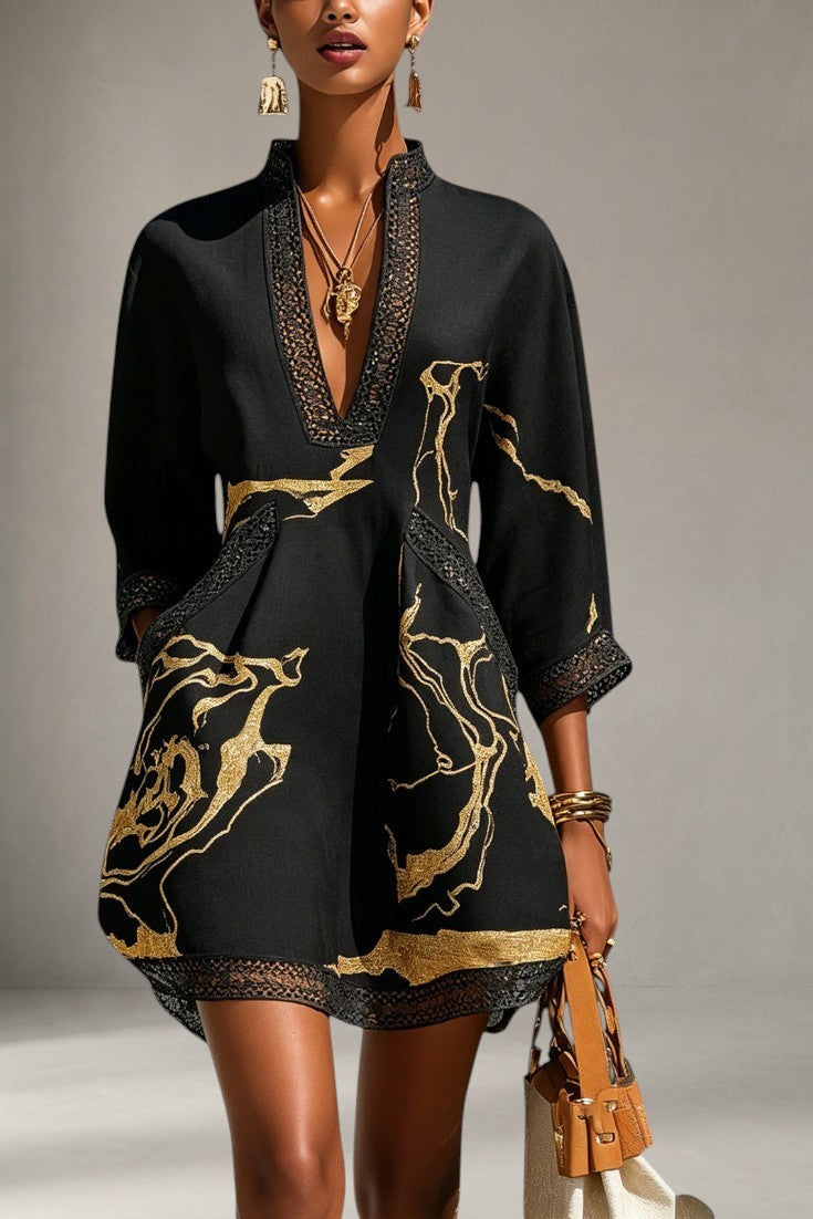 Roxane - Robe Courte Tunique Col V Dentelle Imprimé Métallisé