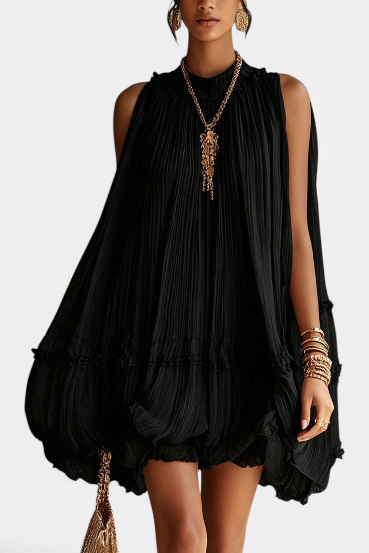Yasmina - Robe Courte Col Montant Plissée Coupe Trapèze Ourlet Ballon