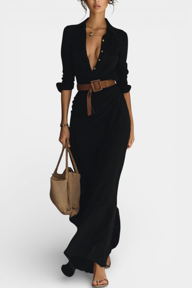 Souline Robe Maxi à Revers et Taille Ceinturée