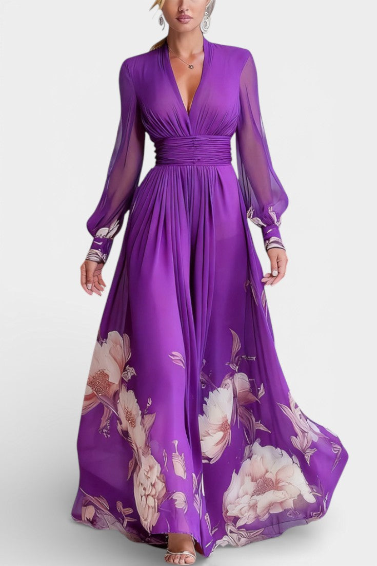 Ally Robe Longue Plissée Fleurie à Décolleté en V et Manches en Tulle