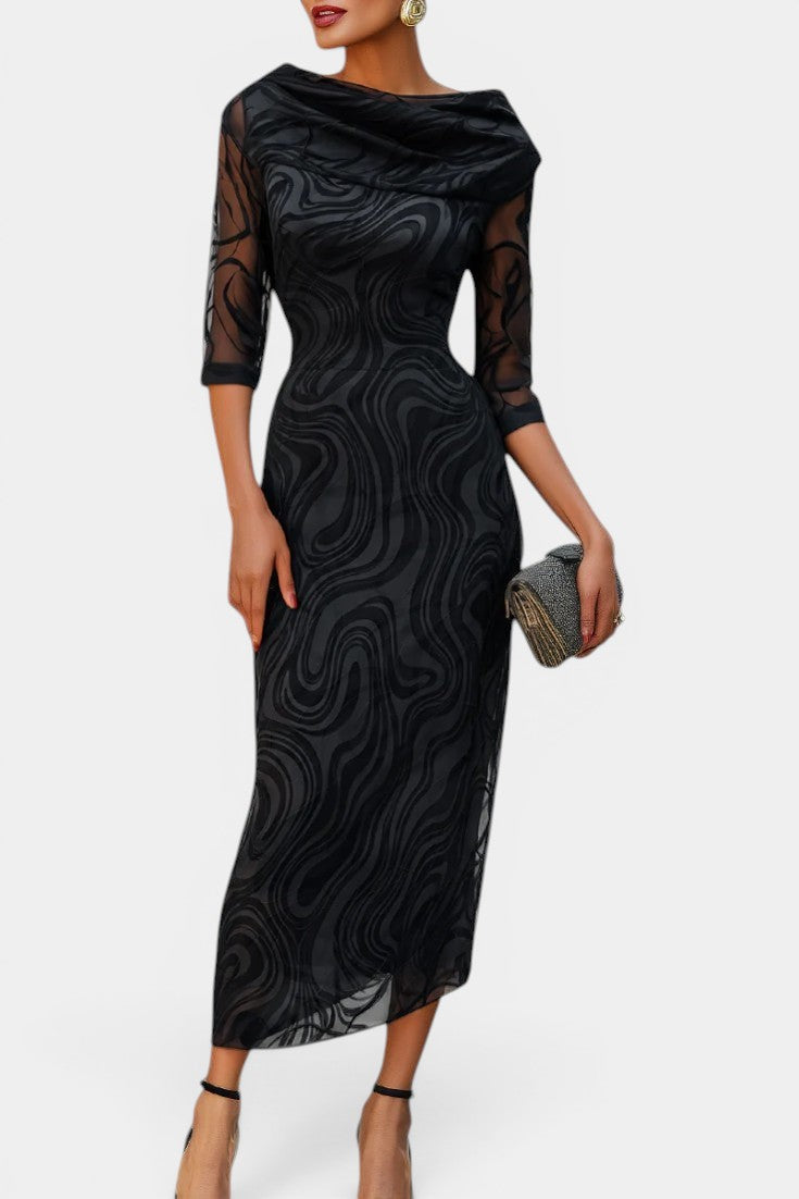 Bénédicte - Robe Midi Col Drapé Manches Voile