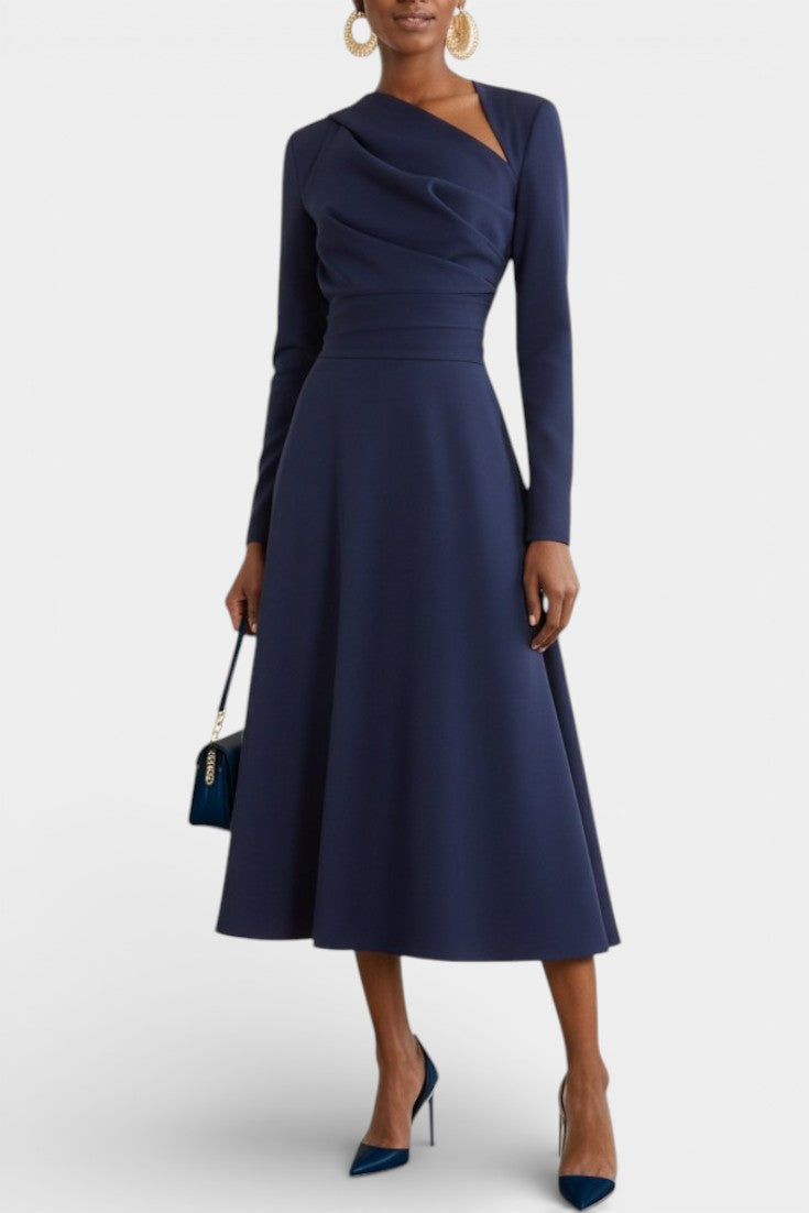 Wanda Robe Midi Asymétrique à Manches Longues et Coupe Trapèze