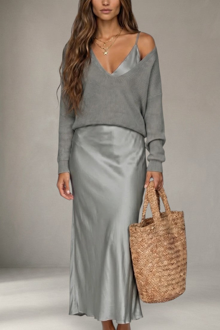 Léandra - Ensemble Pull Col V & Robe Nuisette Satinée