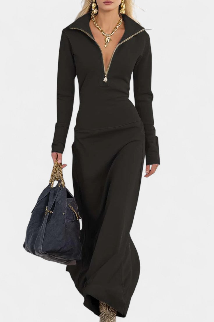 Nabila Robe Zippée Rose à Col en V et Coupe Ajustée