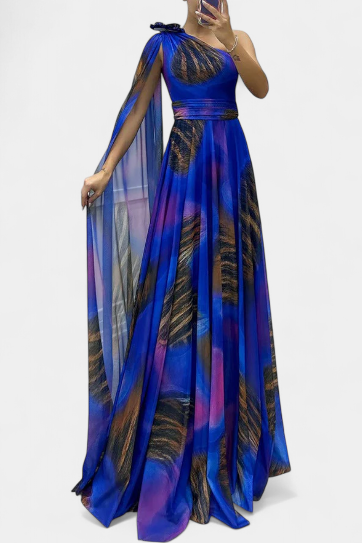 Cedara Robe Asymétrique Maxi à Appliqué Floral et Manche Drapée