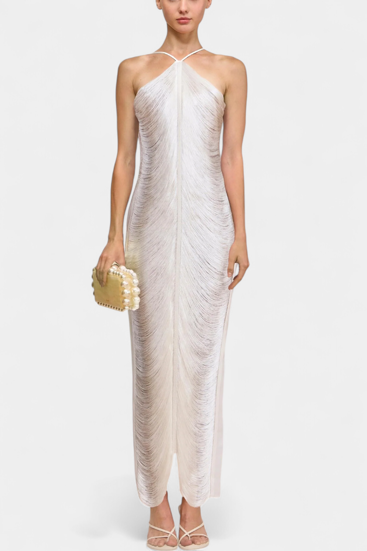 Jianna Robe Halter à Franges Dorées et Dos Nu Sophistiqué