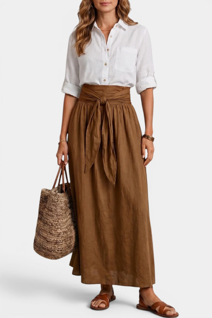 Darya - Jupe Midi Évasée Taille Haute Ceinture Nouée