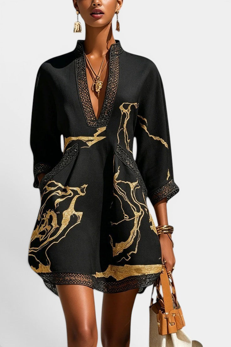 Roxane - Vestido Túnica Corto Escote Pico Encaje Estampado Metalizado