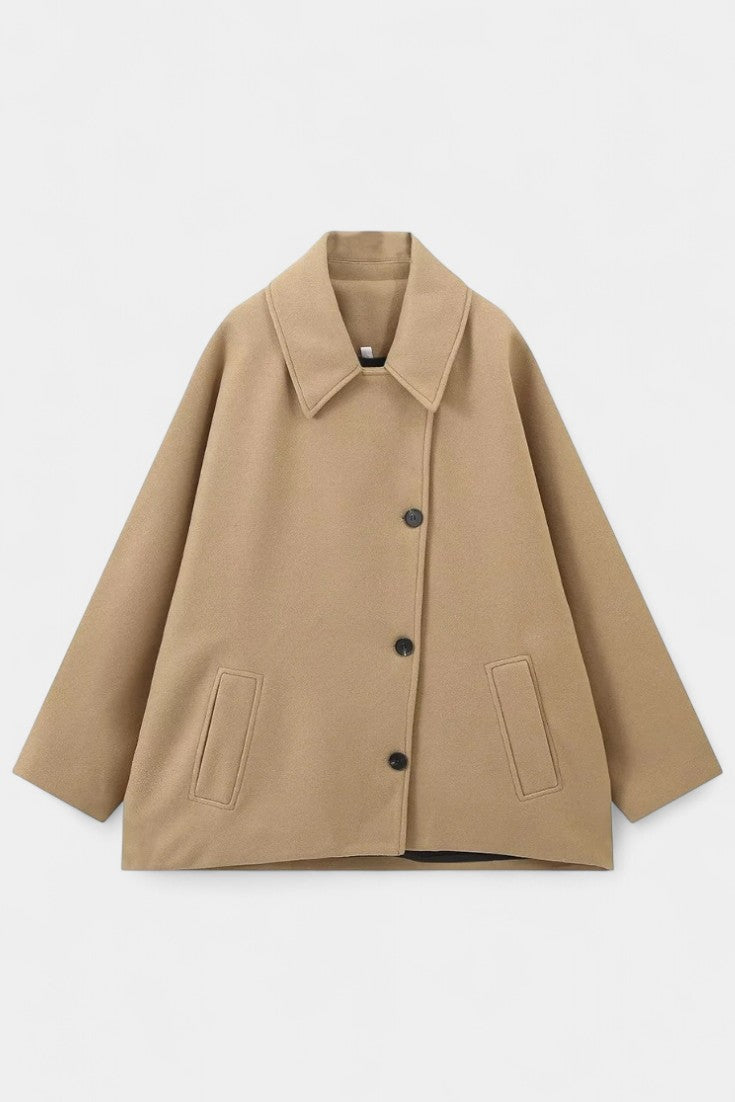 Ambreline Manteau Mi-Long en Laine à Manches Chauve-Souris et Col Revers