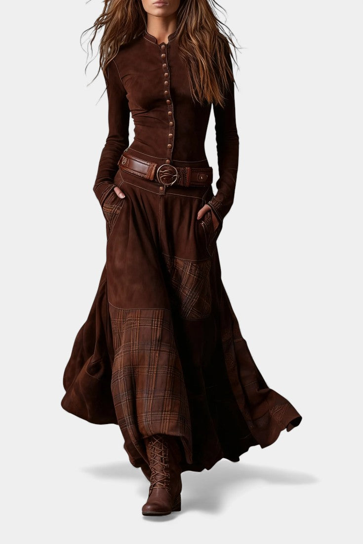 Marlis Robe Longue Élégante à Carreaux Vintage