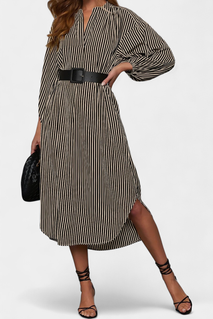 Eliana Robe à Rayures Verticales avec Ceinture et Col en V