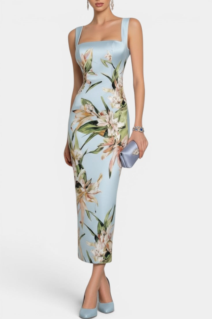 Coralie Robe Midi Fourreau Satin Imprimé Floral Col Carré Bretelles Larges