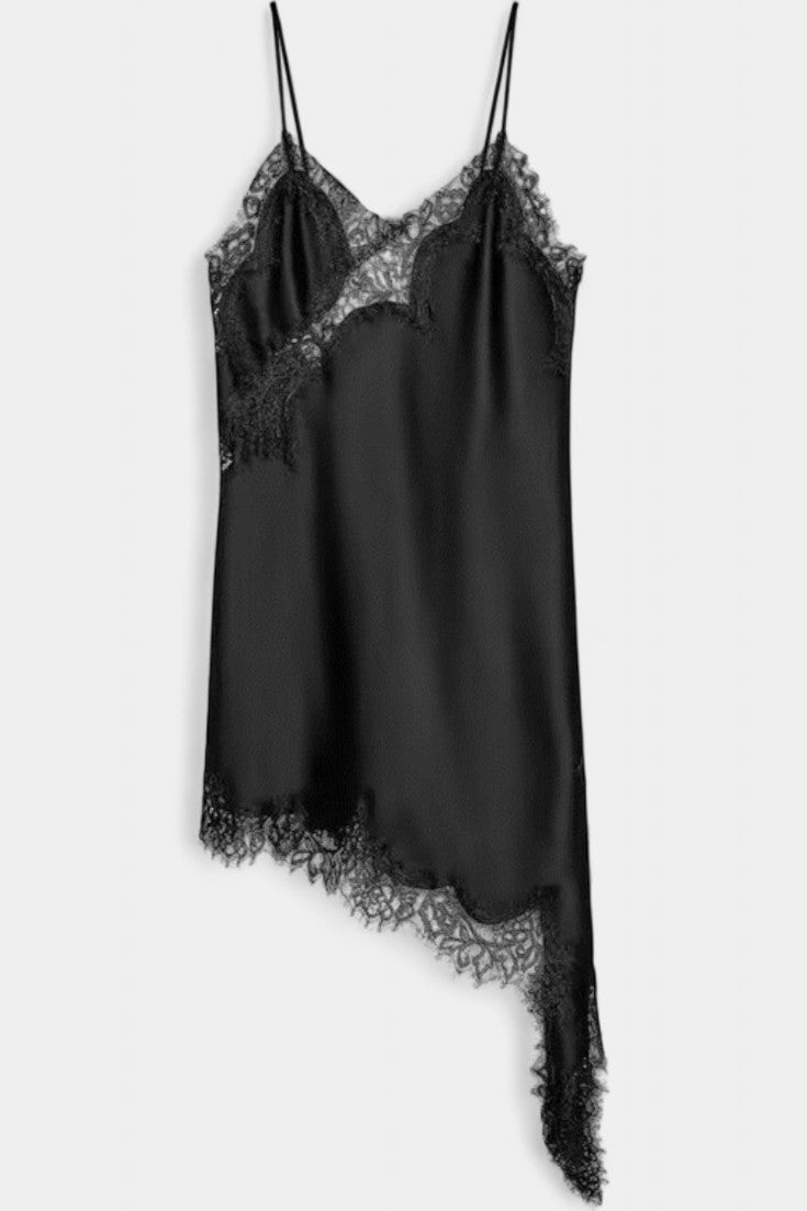 Kerry Robe en Dentelle Marron à Ourlet Asymétrique et Décolleté en V