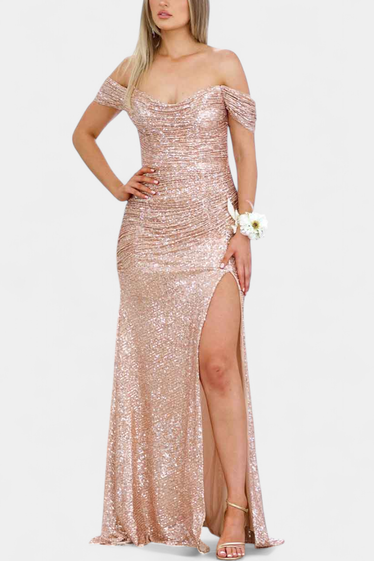 Ariel Robe Sirène Off-Shoulder à Corset Froncé et Fente Haute