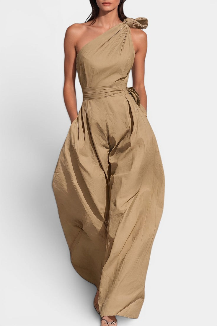 Evania Combinaison Lin Une Épaule Nœud Ceinture Nouée Pantalon Large Fluide