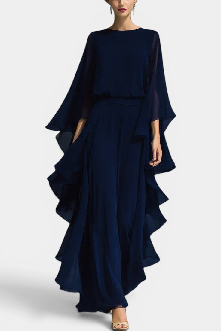 Celiane Ensemble Chiffon Manches Évasées & Pantalon Droit Volanté