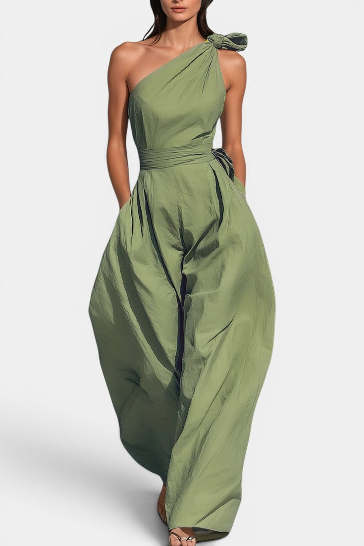 Evania Combinaison Lin Une Épaule Nœud Ceinture Nouée Pantalon Large Fluide