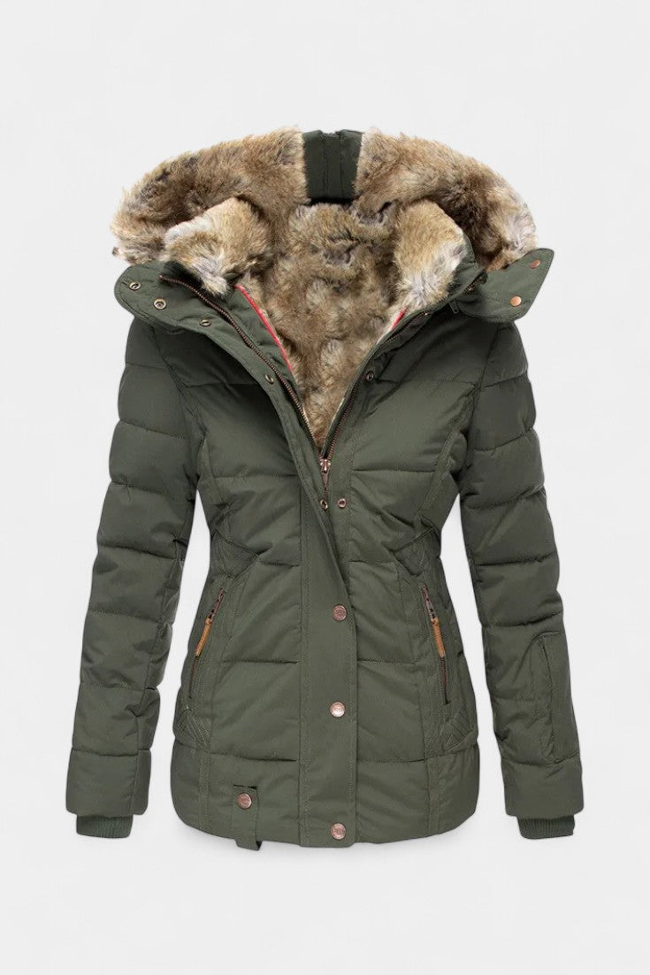 Laurène Veste d’Hiver Isolée à Capuche et Col en Fausse Fourrure