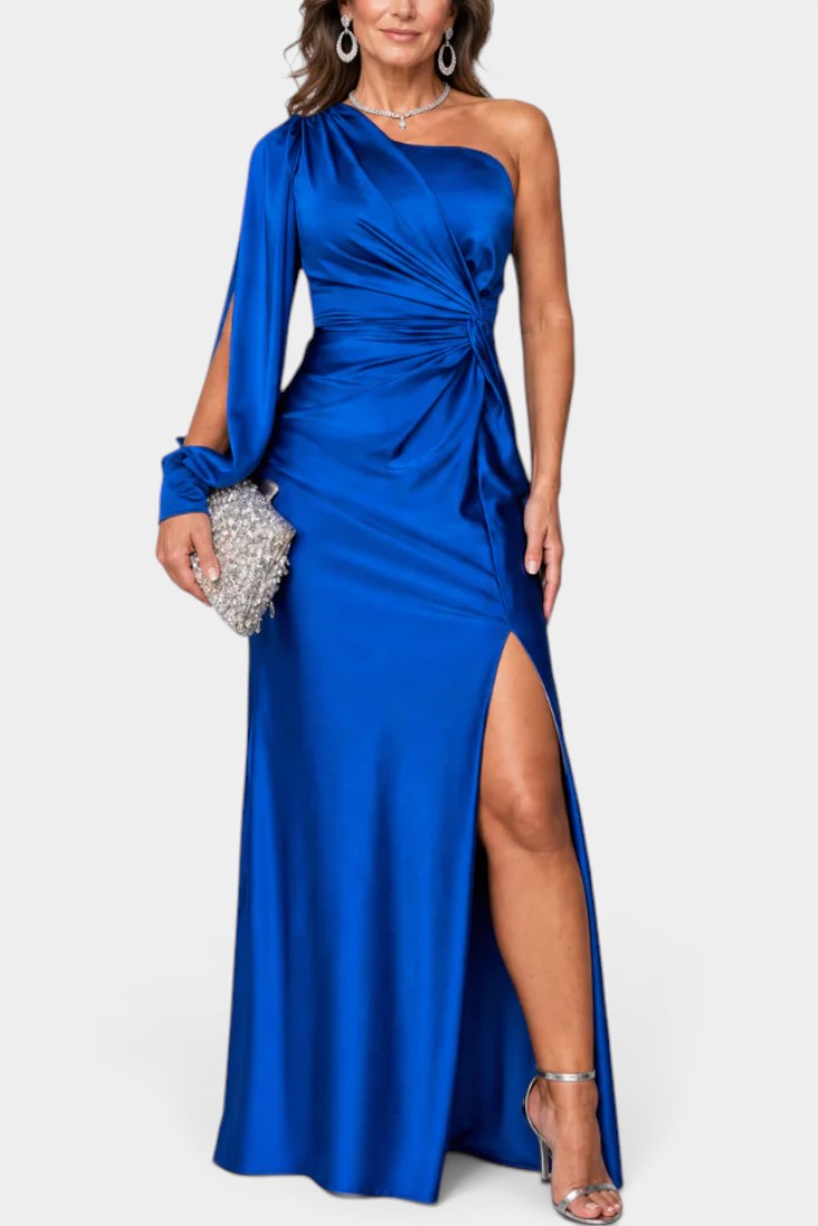 Charlotte - Robe Longue Une Épaule Drapée Manche Unique Fendue Taille Torsadée Fente Latérale