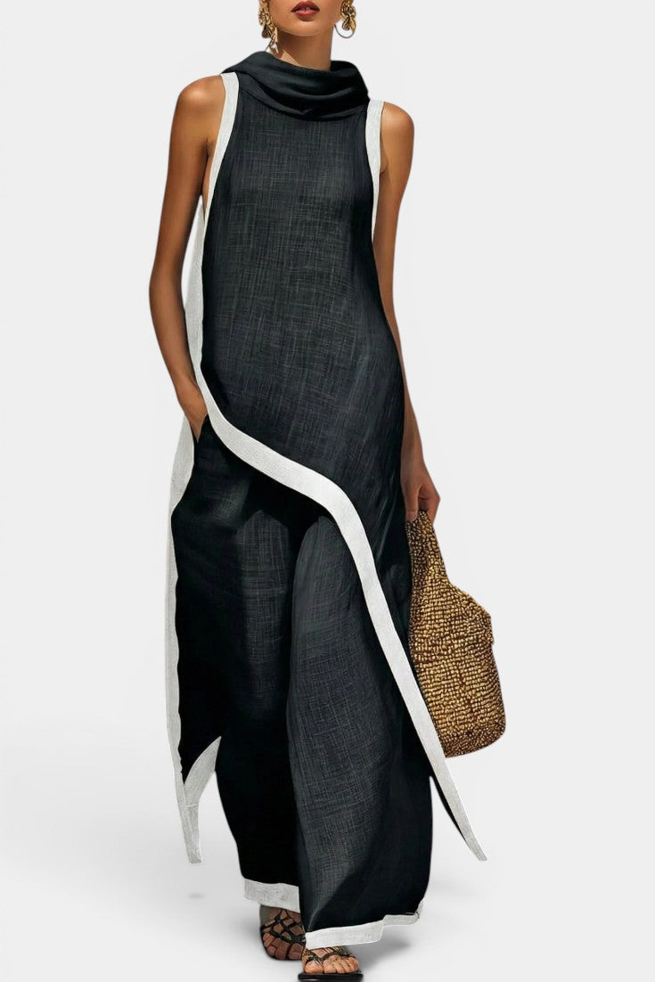 Zuri Ensemble Deux Pièces Lin Capuche Tunique Asymétrique Liseré Contrasté