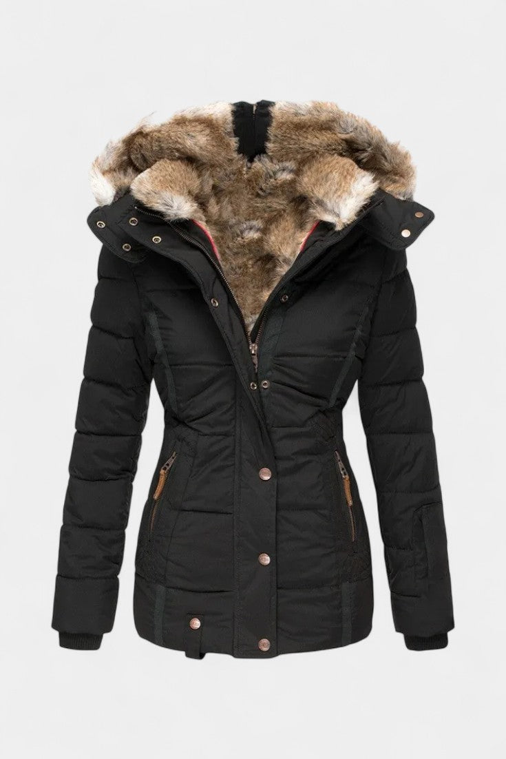 Laurène Veste d’Hiver Isolée à Capuche et Col en Fausse Fourrure