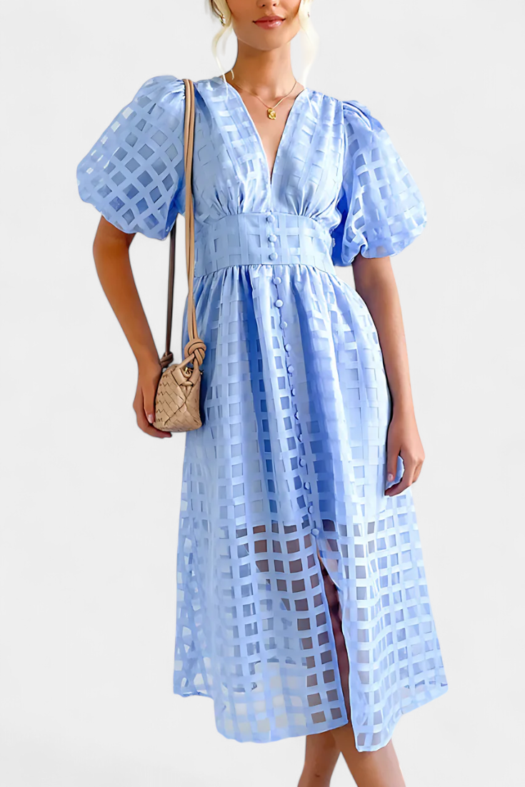 Marigold Robe Midi à Manches Bouffantes et Motif à Carreaux