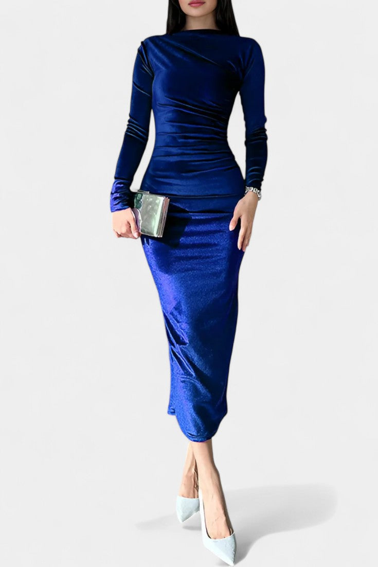 Amicie Robe Maxi Près du Corps en Velours Froncé à Manches Longues