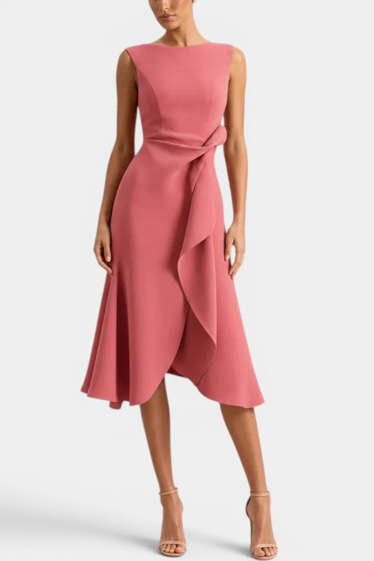 Claudia Robe Midi Sans Manches Col Bateau Nœud Latéral & Ourlet Asymétrique