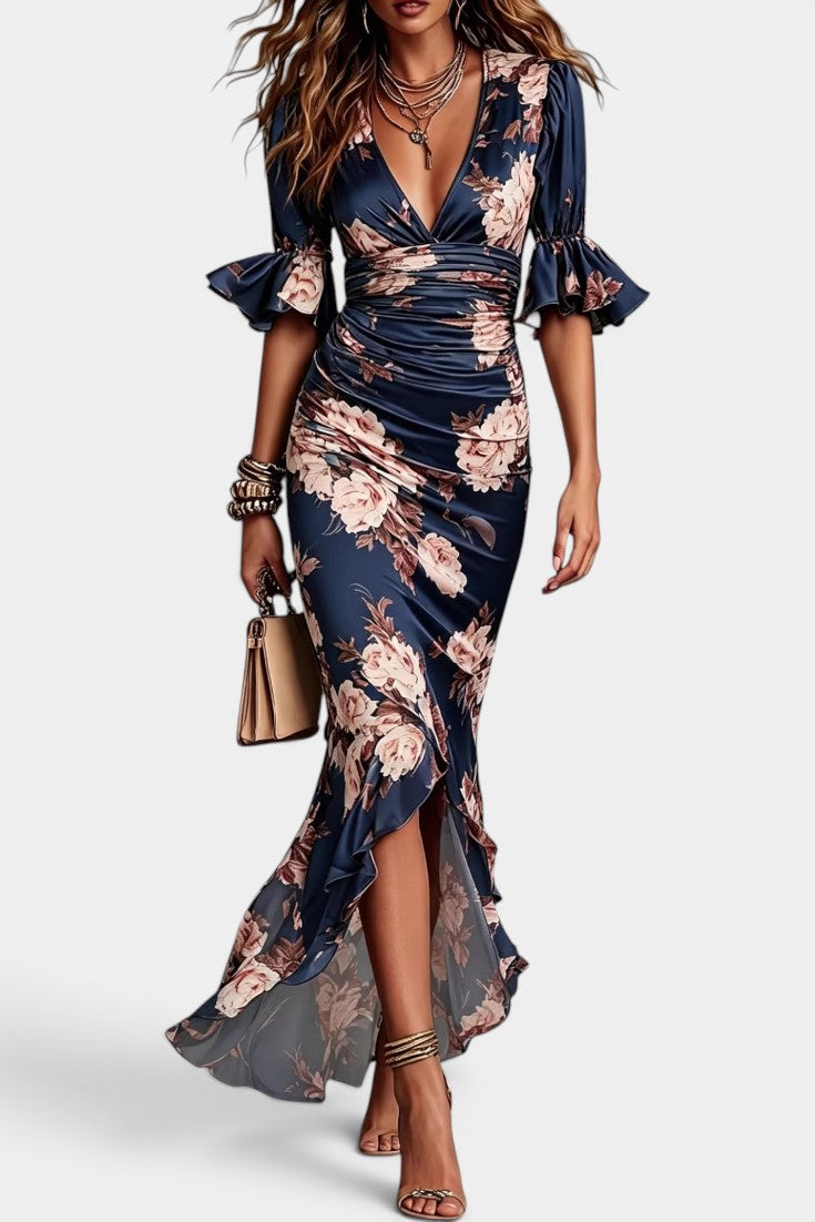 Séléna Robe Sirène Imprimé Floral Satiné Col V Profond & Manches Évasées
