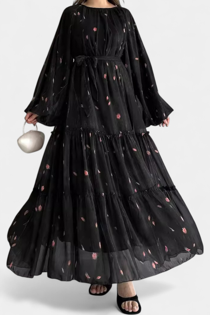 Tavira Robe Fleurie Ceinturée à Volants et Manches Longues