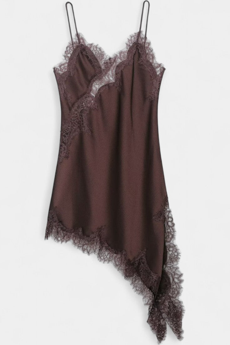 Kerry Robe en Dentelle Marron à Ourlet Asymétrique et Décolleté en V