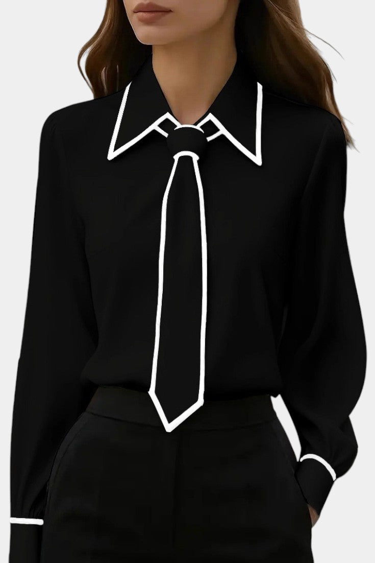 Maurine Blouse Ivoire à Col Noué et Finitions Contrastées