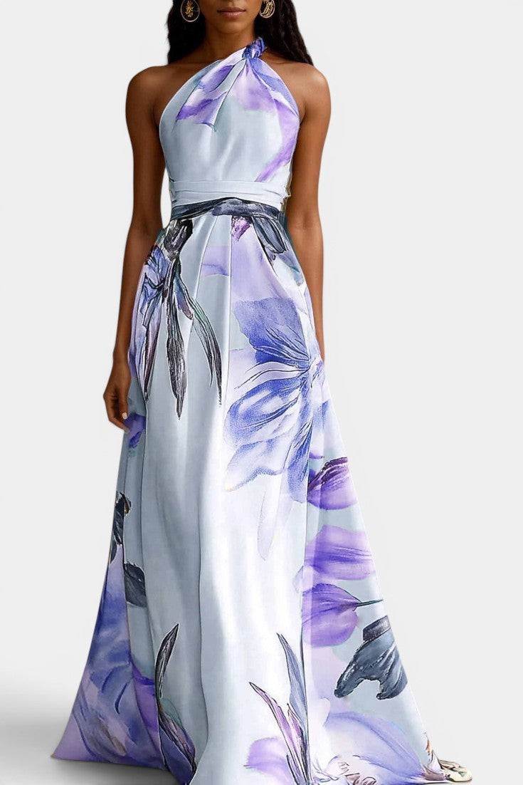 Inêsa - Robe Longue Évasée Bretelles Nuque Torsadées Imprimé Floral Aquarelle Ceinture Nouée