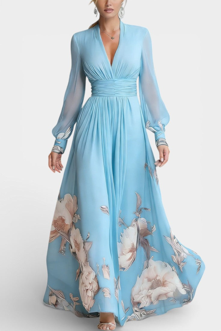Ally Robe Longue Plissée Fleurie à Décolleté en V et Manches en Tulle