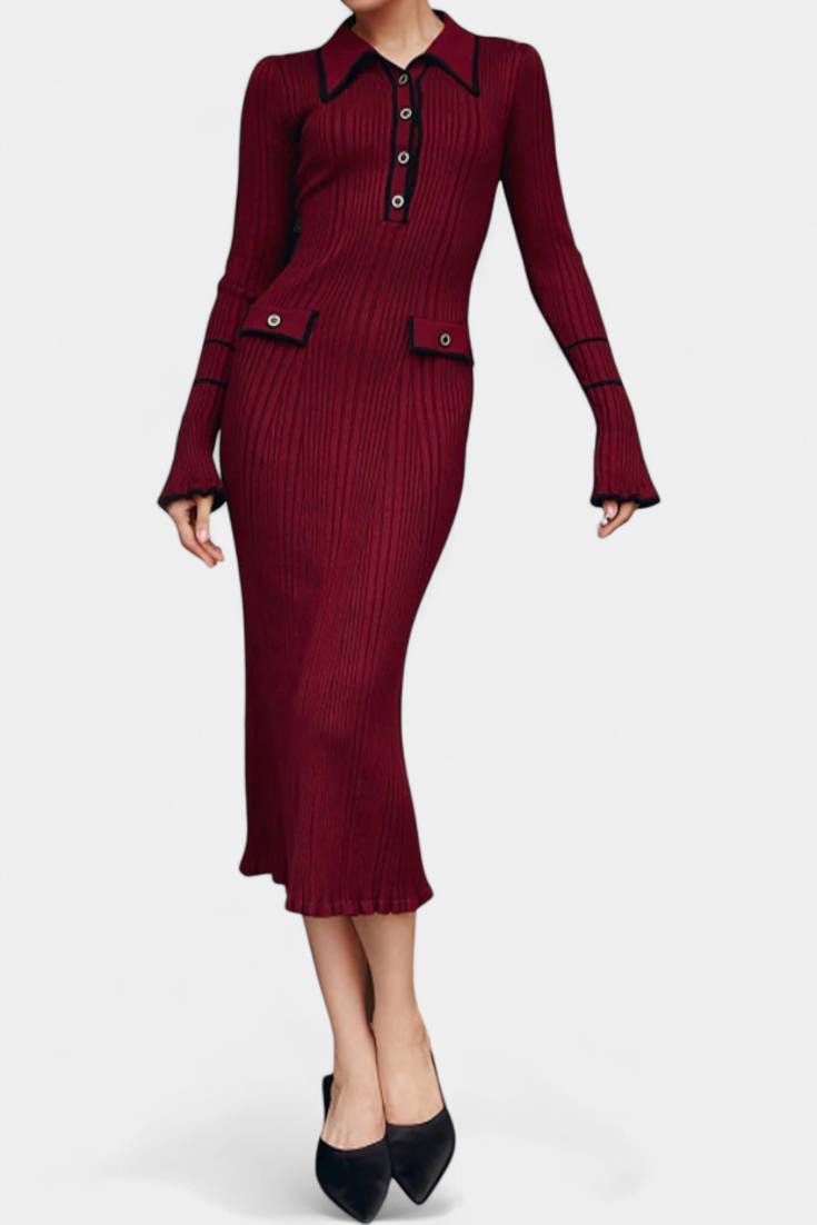 Jamila Robe en Tricot à Col Polo et Volants Élégants