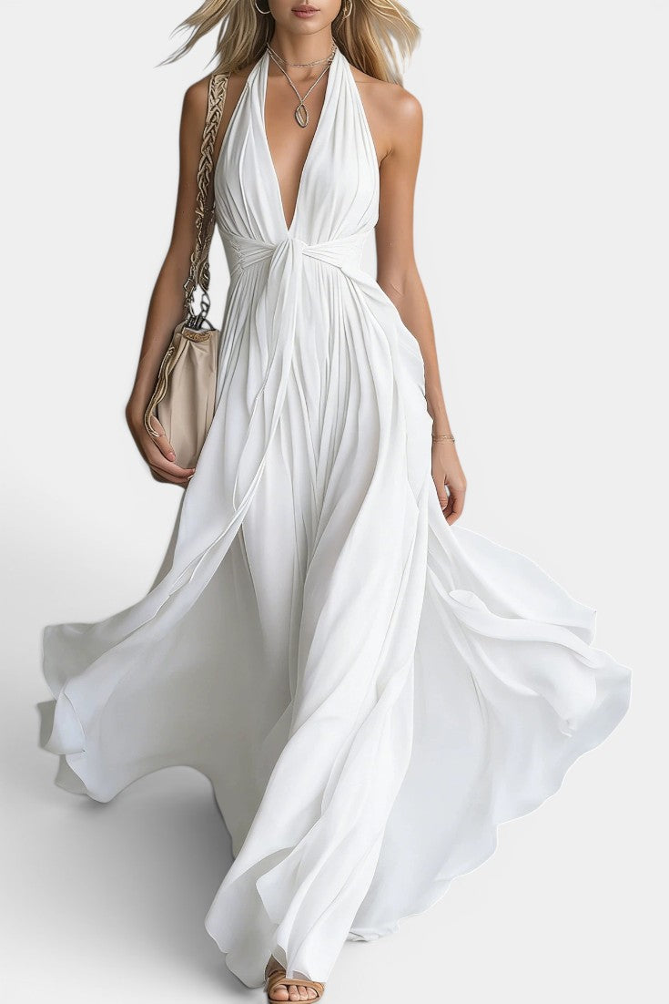 Séraphia – Robe Longue Mousseline Halter Col V Profond Ceinture Nœud Dos Nu