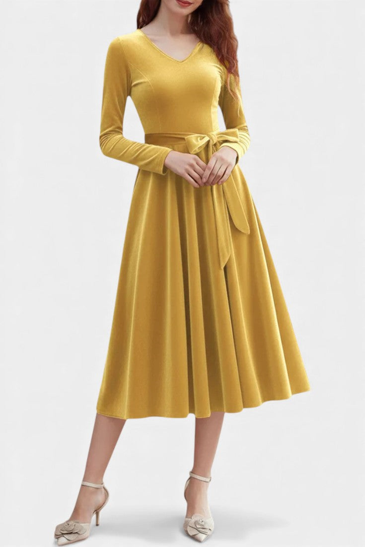 Almena Robe Midi en Velours à Col V Festive et Élégante