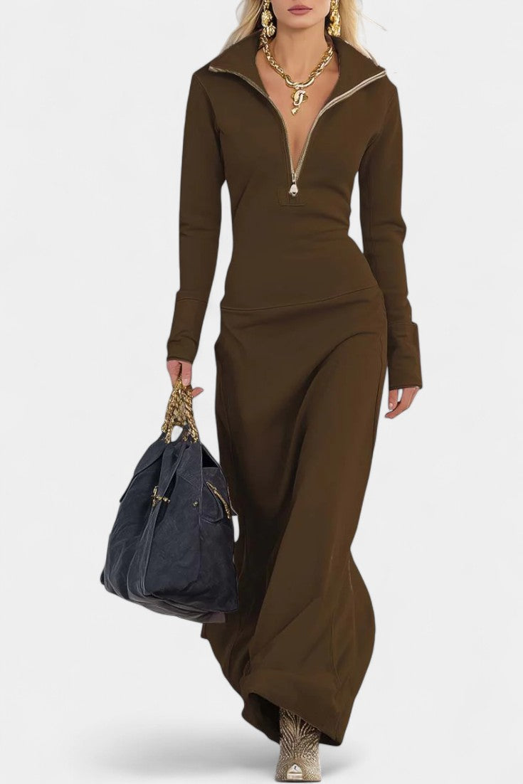 Nabila Robe Zippée Rose à Col en V et Coupe Ajustée