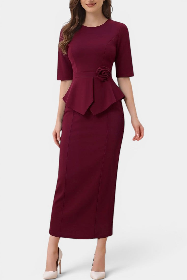 Augustine - Robe Longue Péplum Fleur & Jupe Fourreau
