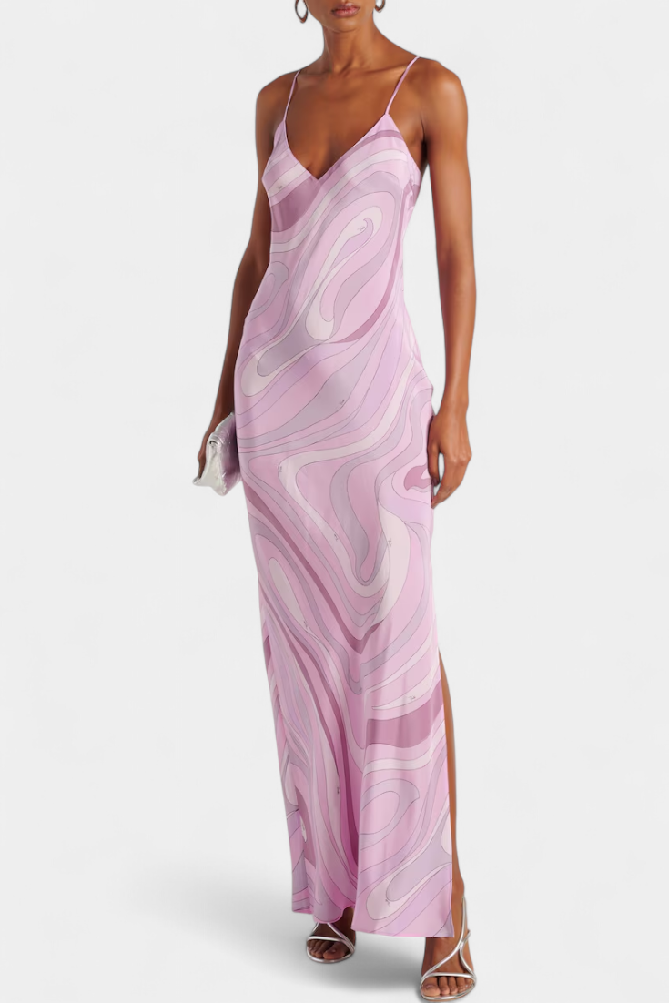 Valera Robe Longue Sans Manches à Imprimé Tourbillon Rétro et Tissu Brillant