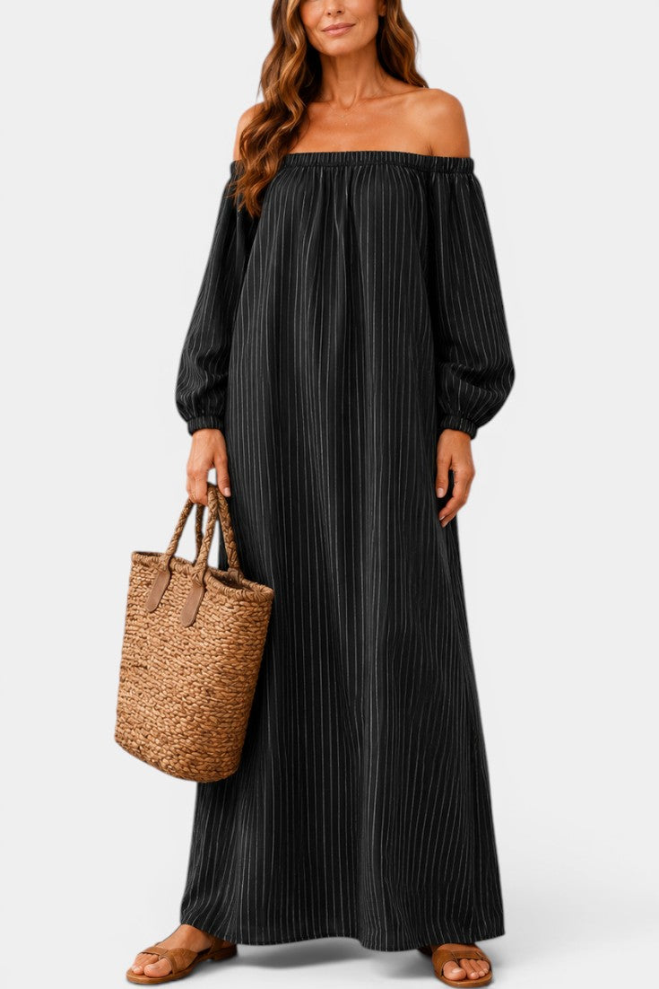 Hestia - Robe Longue Lin Rayé Épaules Dénudées Manches Bouffantes